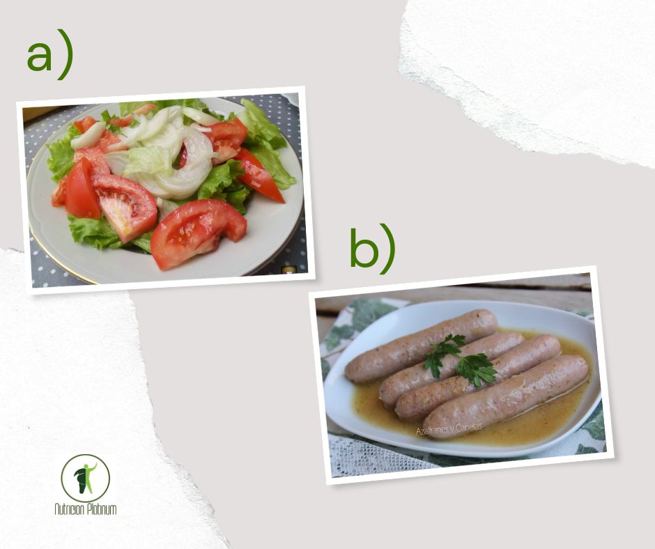 Ensalada de lechuga,cebolla y tomate con salchichas al vino